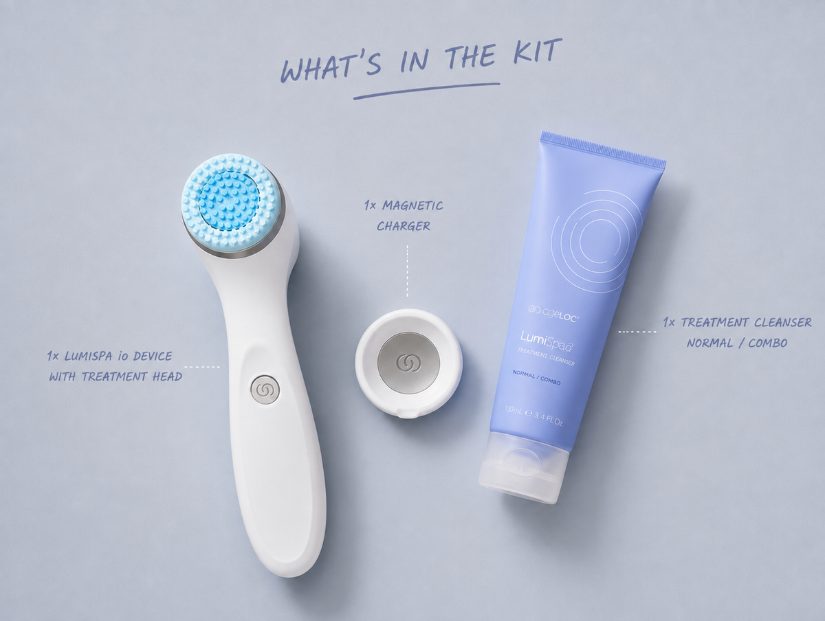 What's in the ageLOC LumiSpa iO Kit (Normal/Combo) – device with treatment head, magnetic charger, and Treatment Cleanser Normal/Combo | Nuveska Australia